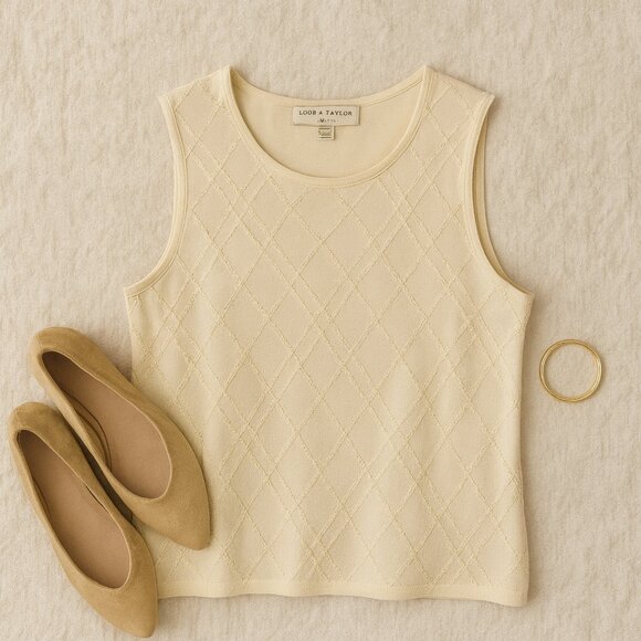 Vintage Lord & Taylor Beaded Shell Top Ivory Sleeveless Classic 14P - Picture 2 of 11